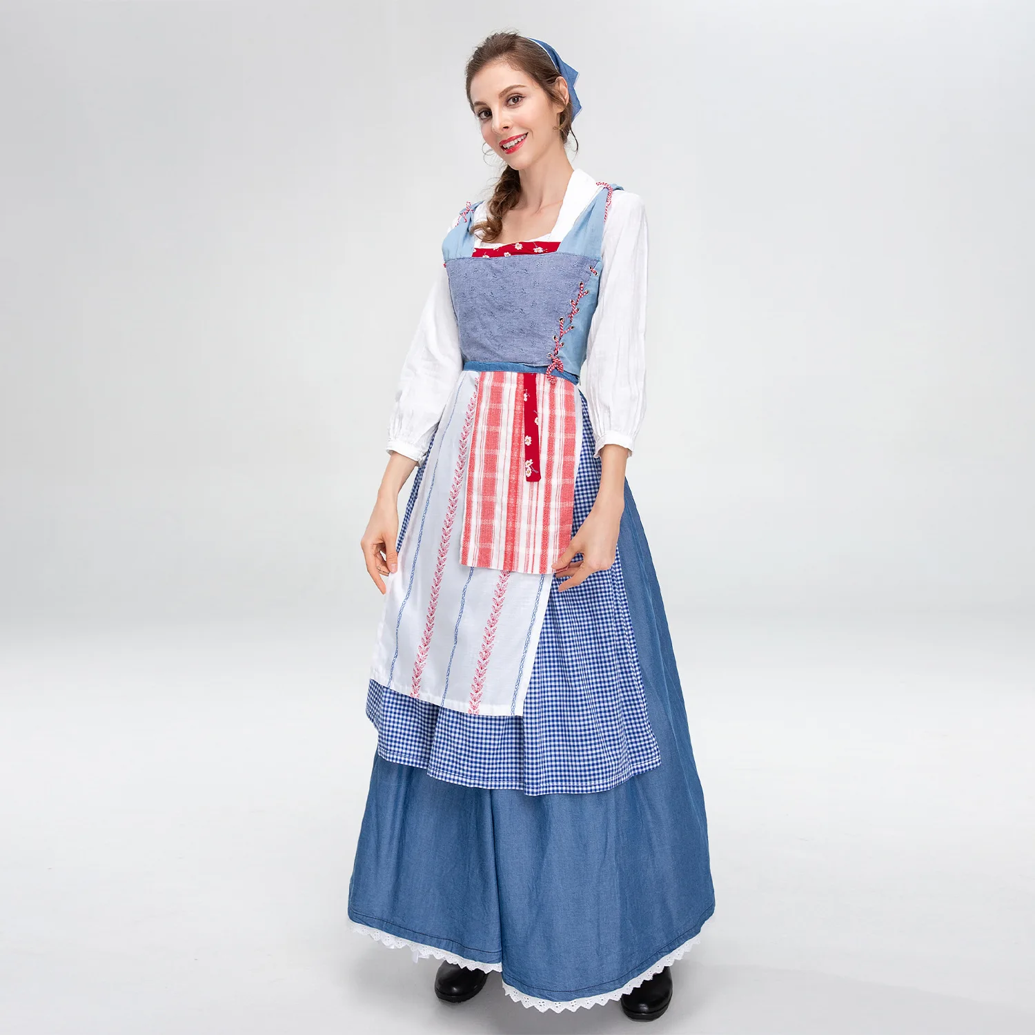 French Blue Check Farm Girl Dress Vintage Pastoral Oktoberfest Dress Bavarian Costume Five Piece Set Top Vest Skirt Apron Sarf