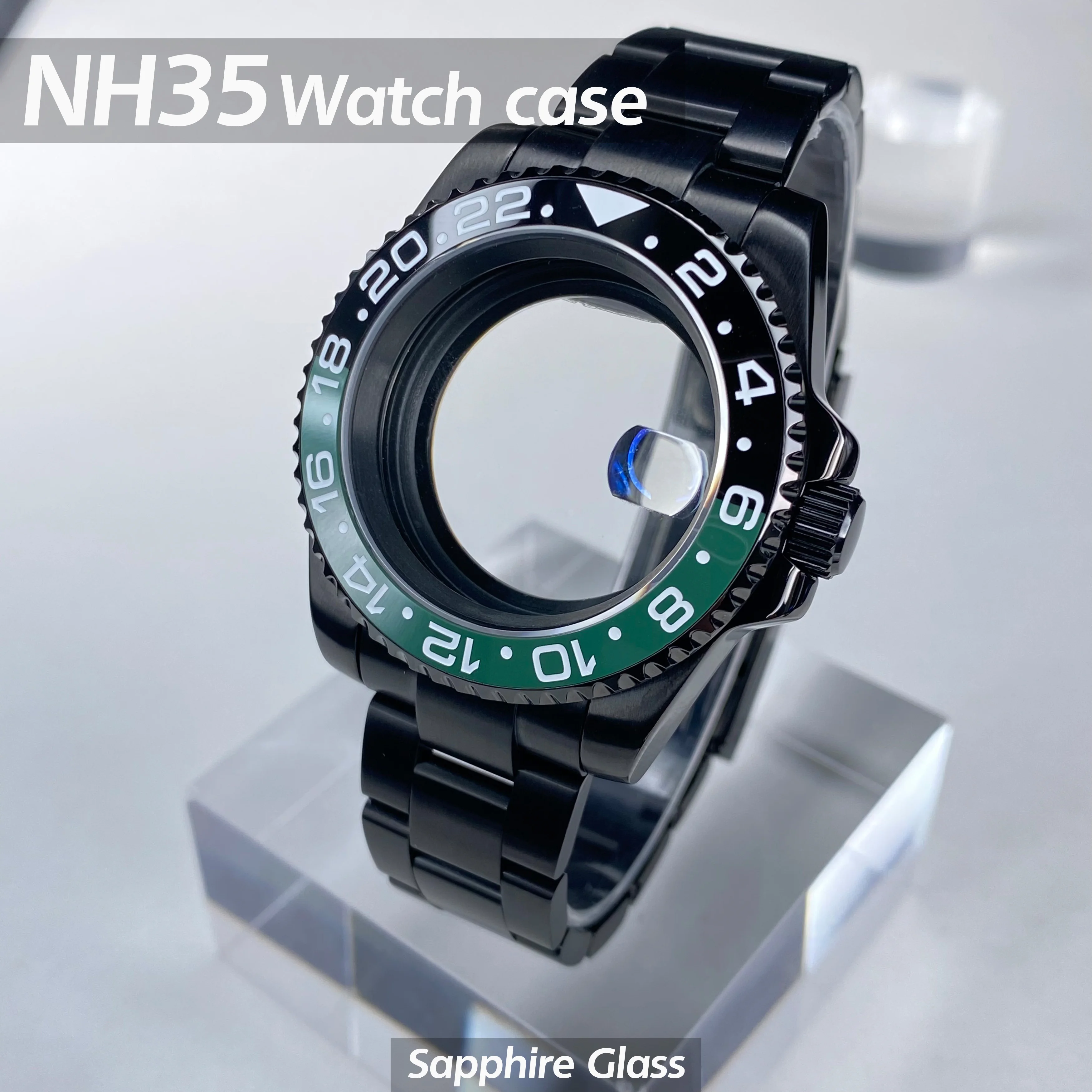 NH35 case High Quality 40mm Black Stainless Steel Sapphire Glass GMT/SUB fit nh35 nh36 mouvement 28.5mm Date Dial Accessories