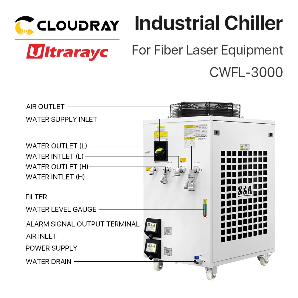 Ultrarayc S&A CWFL-3000 Series อุตสาหกรรม Air Chiller สําหรับ 3000W เลเซอร์แกะสลักอุปกรณ์เครื่อง