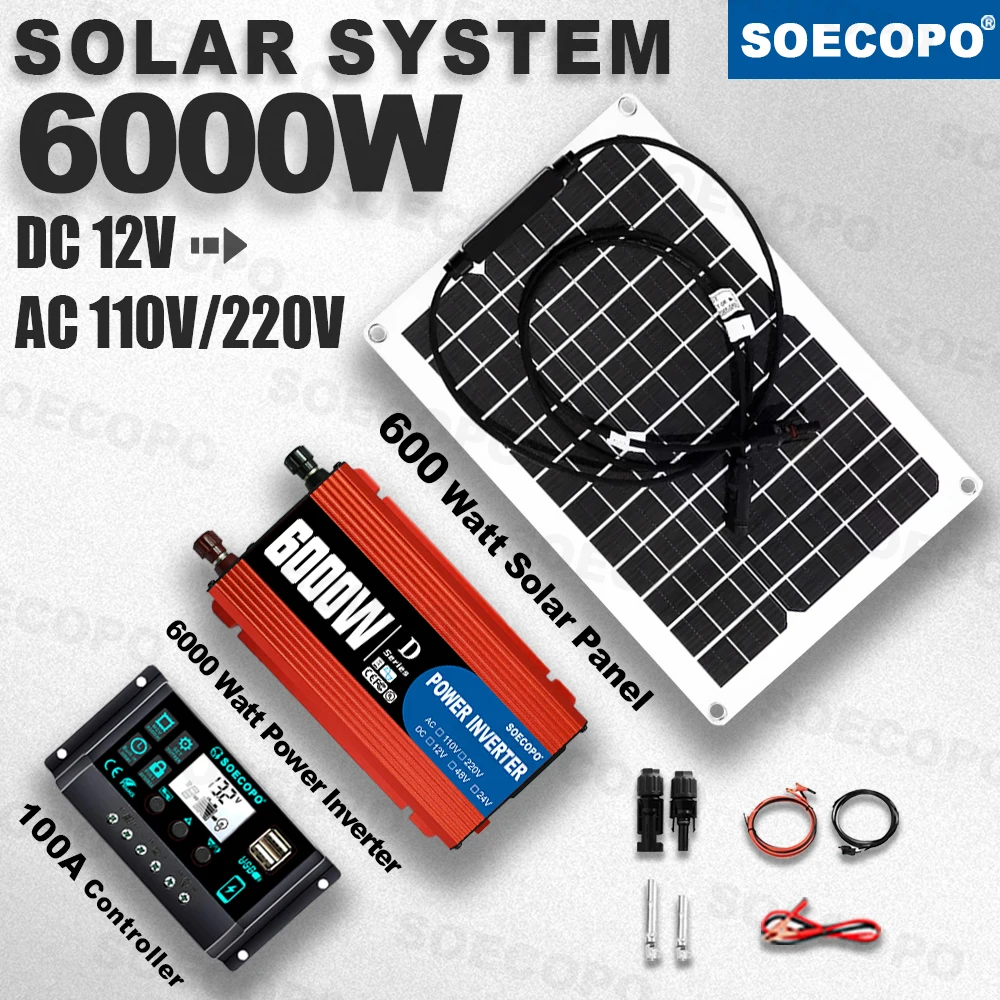 

SOECOPO 6000W Peak Solar Kit 600W Flexible Panel 100A 12V/24V Controller 650W Rated Inverter 110V/220V for RV Boat Off-Grid