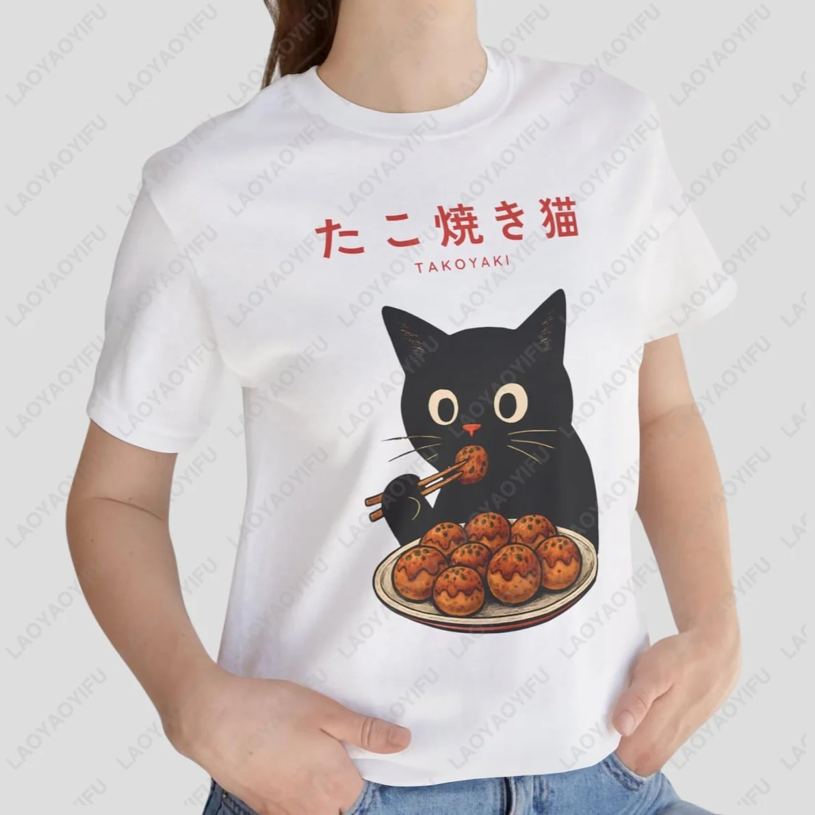 Cute Cat Japanese Takoyaki Graphic Printed TShirt Kawaii Japan Food T-Shirt Casual Fashion Loose Harajuku Summer Unisex Tees