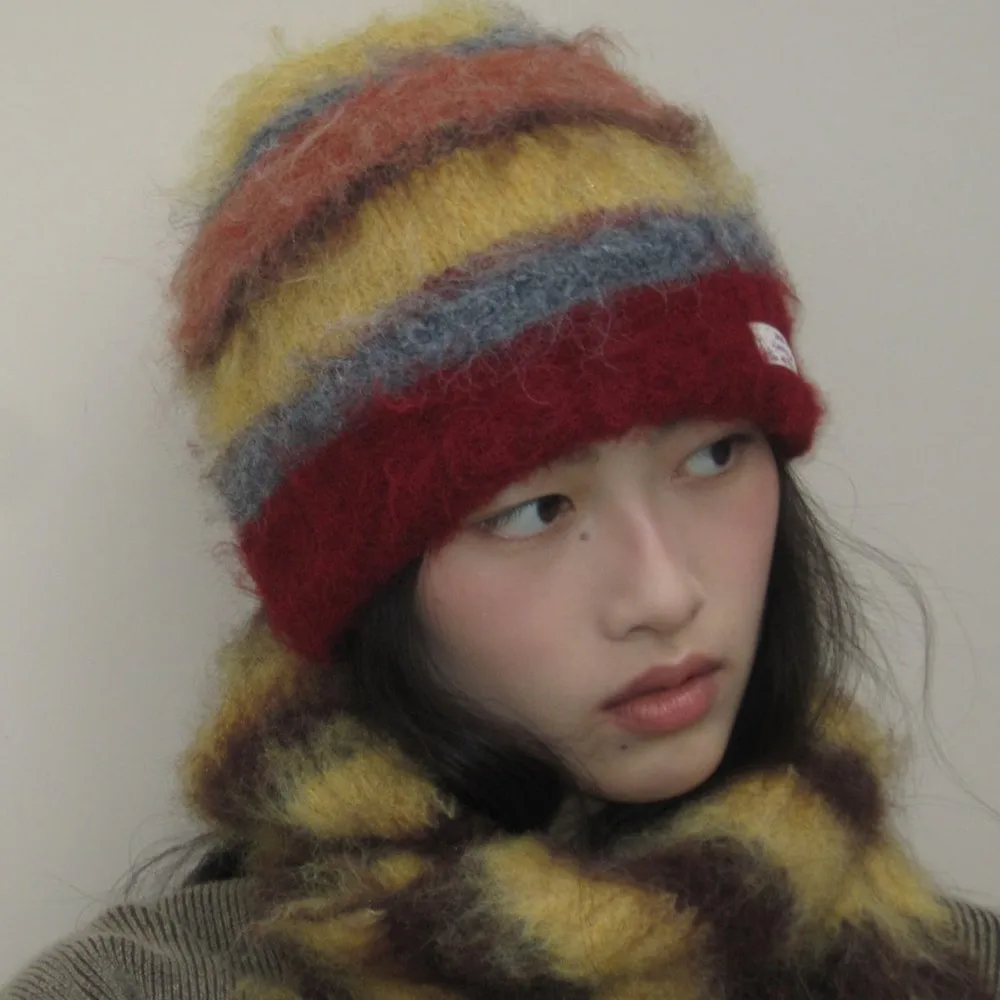 Color Dopamine Striped Hairy Knitted Beanie Cap Women 2025 Autumn and Winter Show Face Small Thermal Knitted Winter Hat