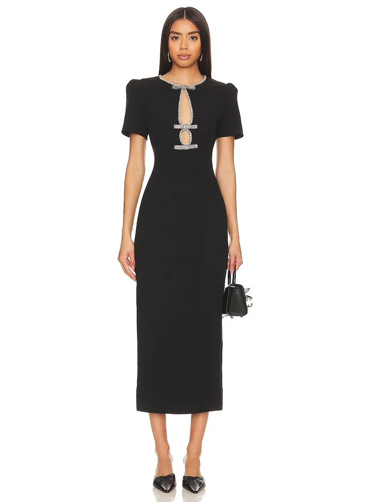 

2024 New Sexy Black Gauze Diamond-encrusted Slim Long Short-sleeved Dress In Summer
