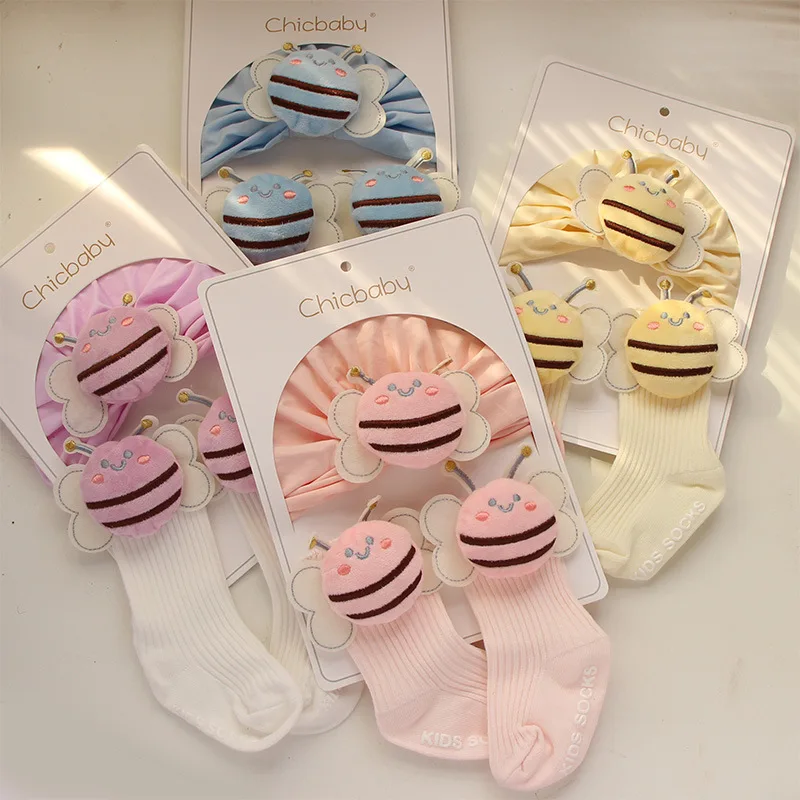 0-12 Months Newborn Baby Cartoon Cute Bee Hat Socks Fall And Winter Warm Soft Cotton Non-slip Socks Baby Hat Kids Accessories