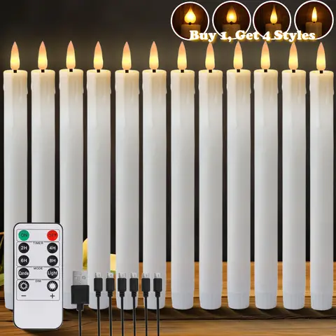 Rechargeable Flameless LED Taper Candles with Timer Remote & USB Charging Cable Flickering Dripping Wax Window Tall Candlesticks