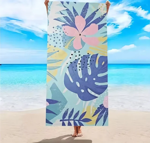 Pastel Tropical Leaves Hibiscus Print Beach Towel, Large Microfiber Sand Free Quick Dry Towel for Beach Pool Camping