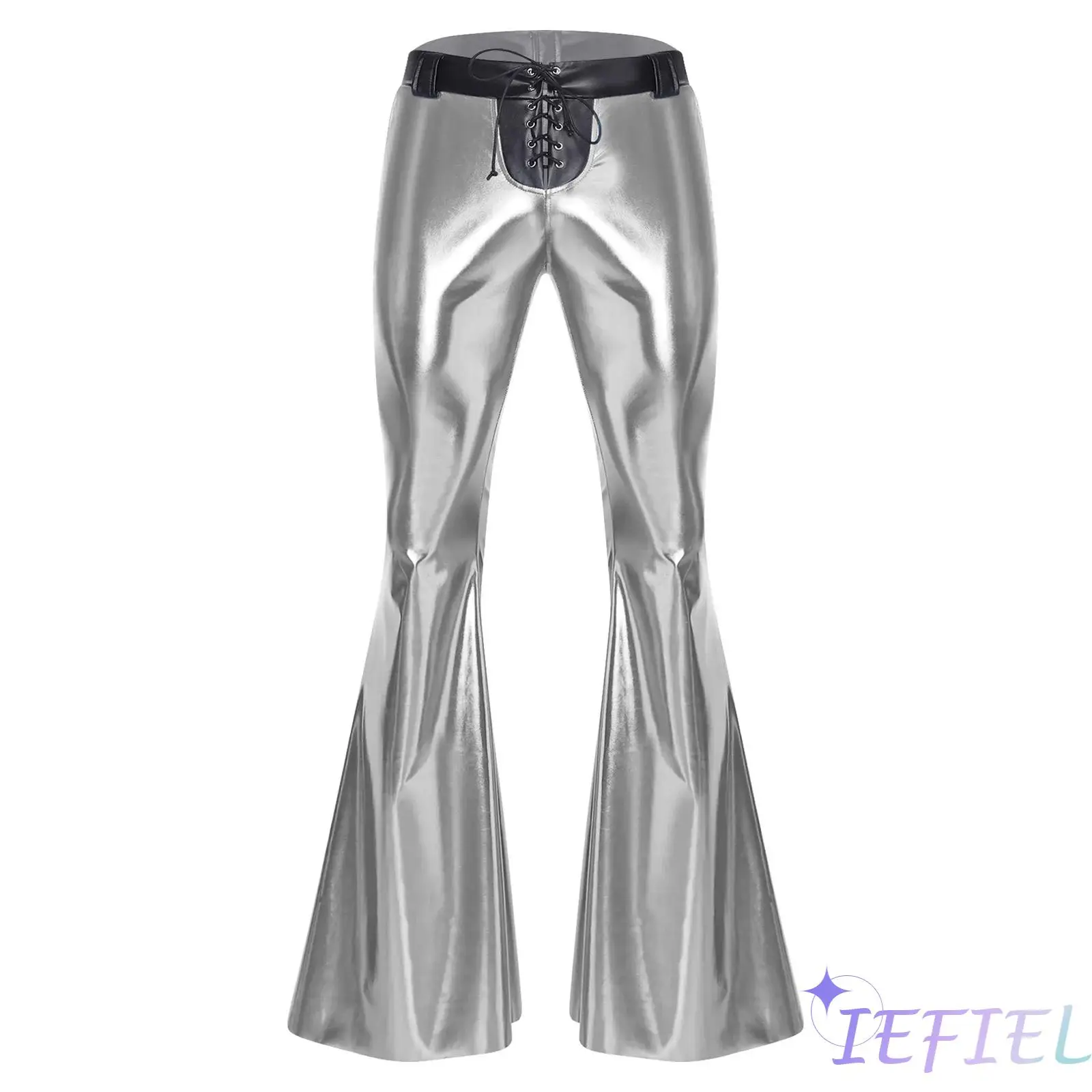 

Men Disco Jazz Dance Bell Bottom Pants Metallic Shiny Lacing Waist Color Block Flared Trousers for Vintage Cowboy Party Clubwear