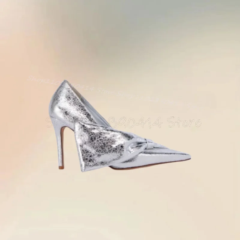 

Silver Bow Knot Crack Pattern Pointed Toe Pumps Slip On Women Shoes Thin High Heels Fashion Party Feast 2025 Zapatos Para Mujere