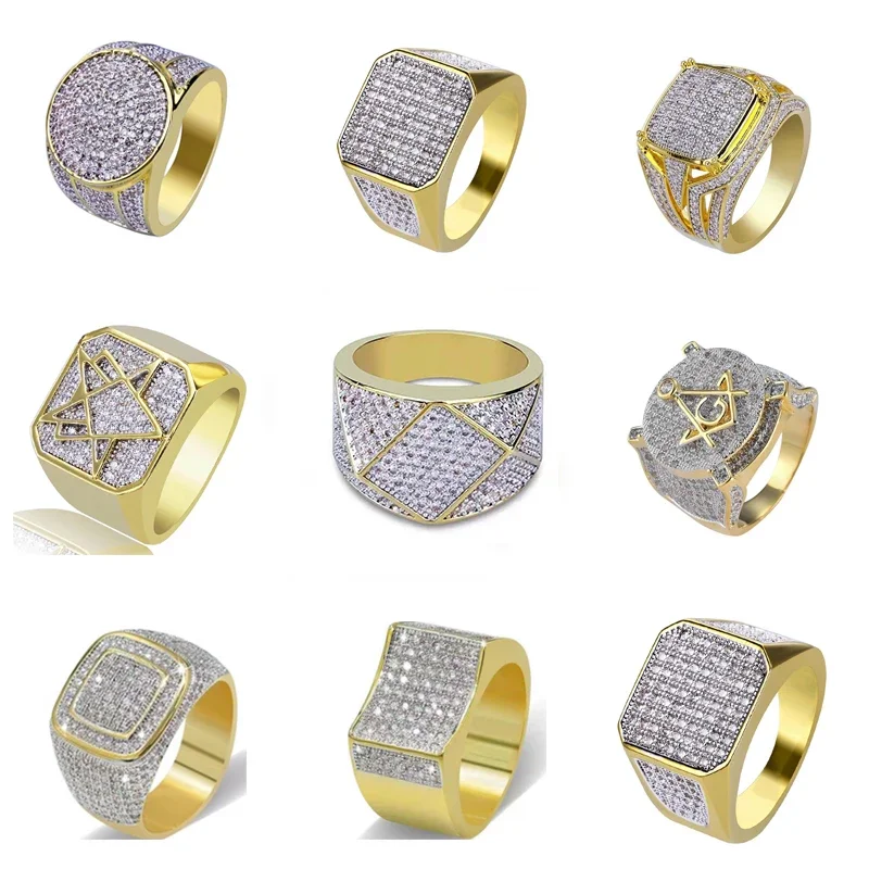 High Quality Trendy Mixed Style Golden Full Crystal Geometric Men\'s Ring Business Style Wedding Jewelry Male Hand Accessories