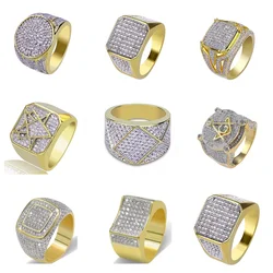 High Quality Trendy Mixed Style Golden Full Crystal Geometric Men's Ring Business Style Wedding Jewelry Male Hand Accessories