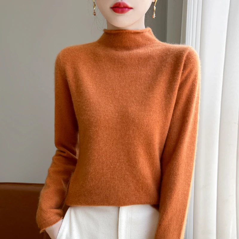 Sweater rajut wol untuk wanita, Sweater Pullover wanita hangat setengah tinggi lengan panjang, Atasan musim gugur musim dingin model Korea kasual longgar, Sweater rajut 100%