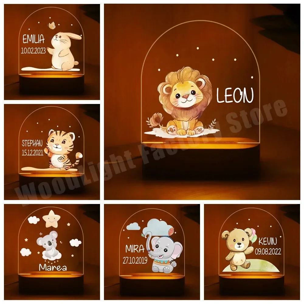 

Personalized Safari Babies Night Lamp Custom Baby Birth Animal with Warm/RGB Lighting for Kids Bedroom Table Decor 12 Style