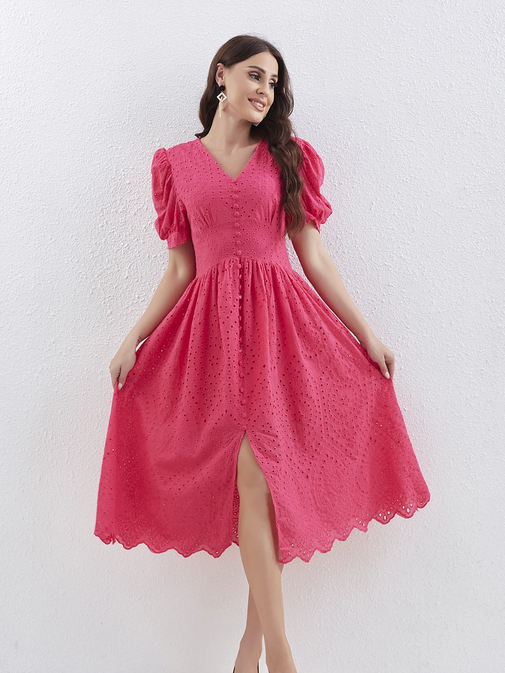 Marwin Cotton Hollow Out Summer Dress Women Holiday Perppy Casual High Waist Ruffled Mini V-Neck Dresses A-line Frills Vestido