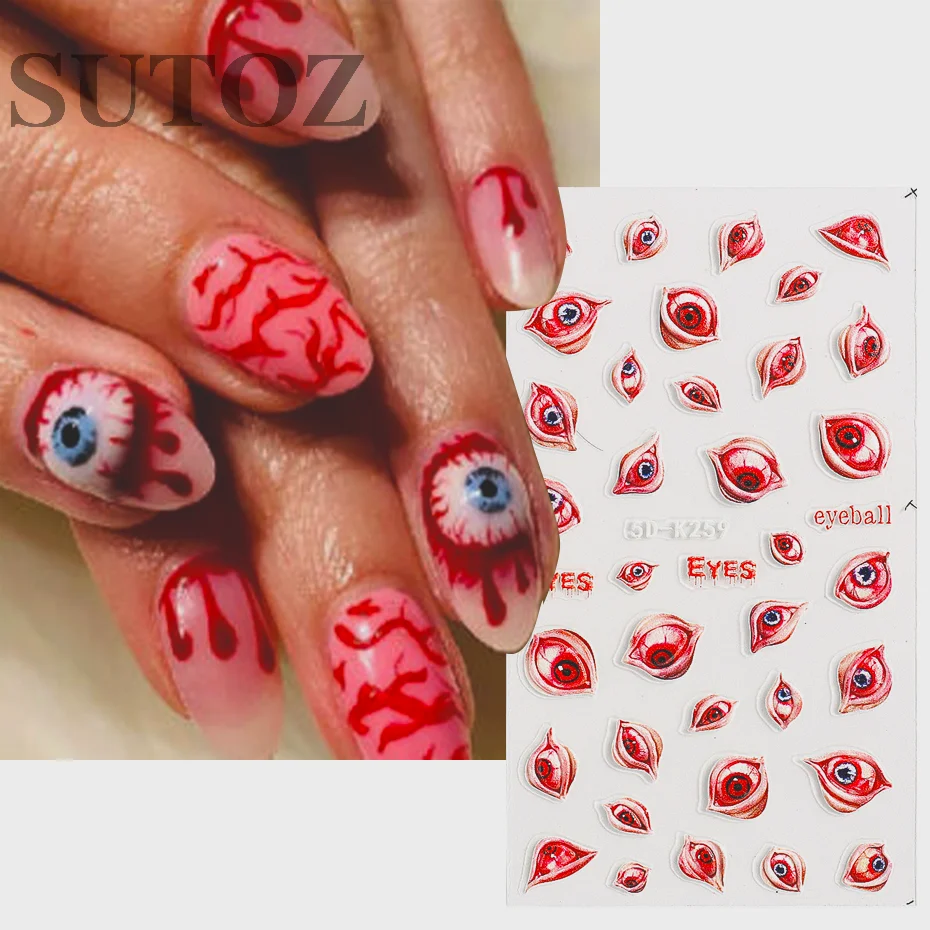 5D Halloween Day Eyes Embossed Stickers Red Eyeball Design Dark Bloody Style Manicure Decal  Wacky Nail Art Decorations 5D-K260