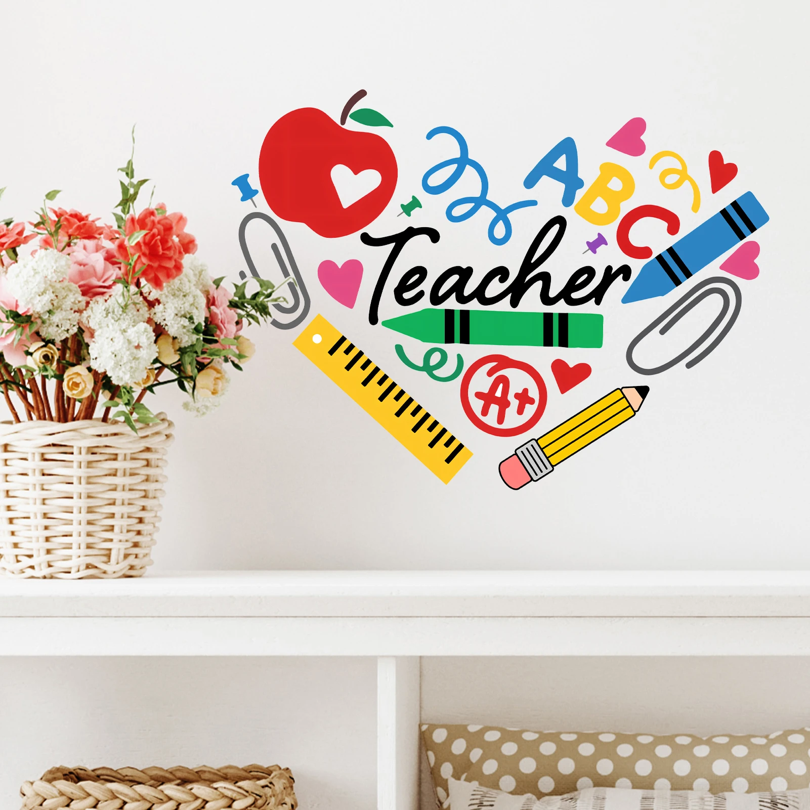 2pcs Teacher Wall Sticker, Apple Ruler Crayon ABC A+ School Supply Print Wall Decal, Removable Peel and Stick Home Decor