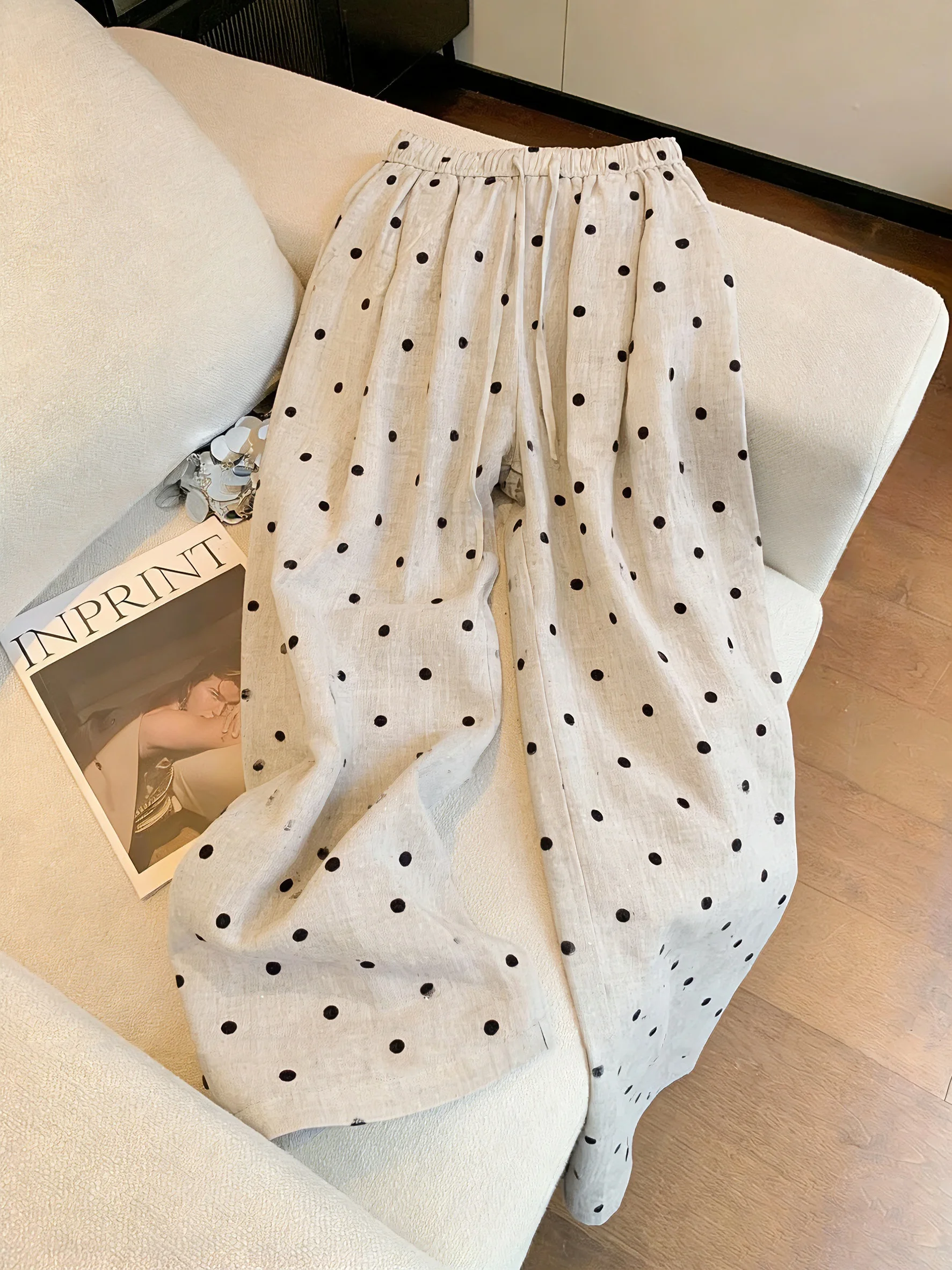 Linen Pant Wide - Retro Polka Dot Leinen Loose Straight