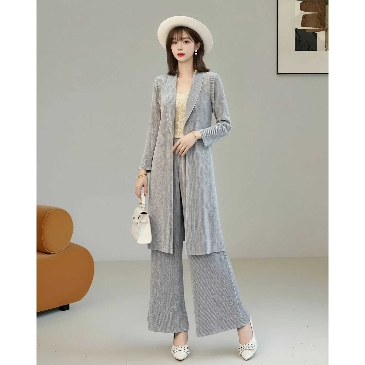 Women Miyake Pleated 2 Piece Set Lapel Long Cardigan High Waist Wide Leg Pants Outfit Spring Autumn