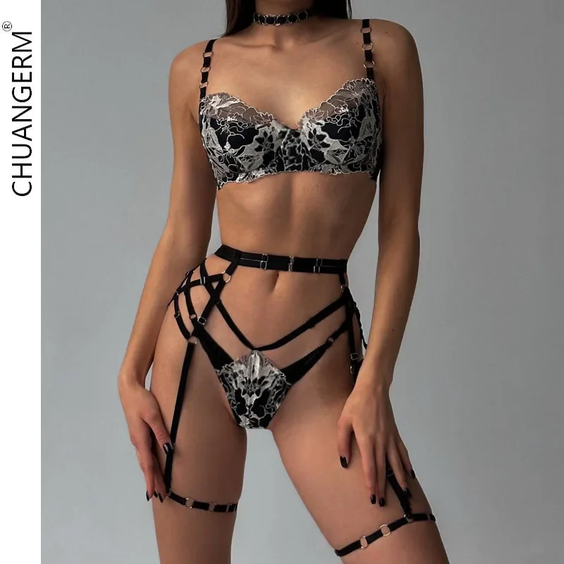 

CHUANGERM Sexy Lingerie Lace embroider Bar and Panty Sexy erotic lingerie bra embroidered mesh splicing hollow steel ring Women