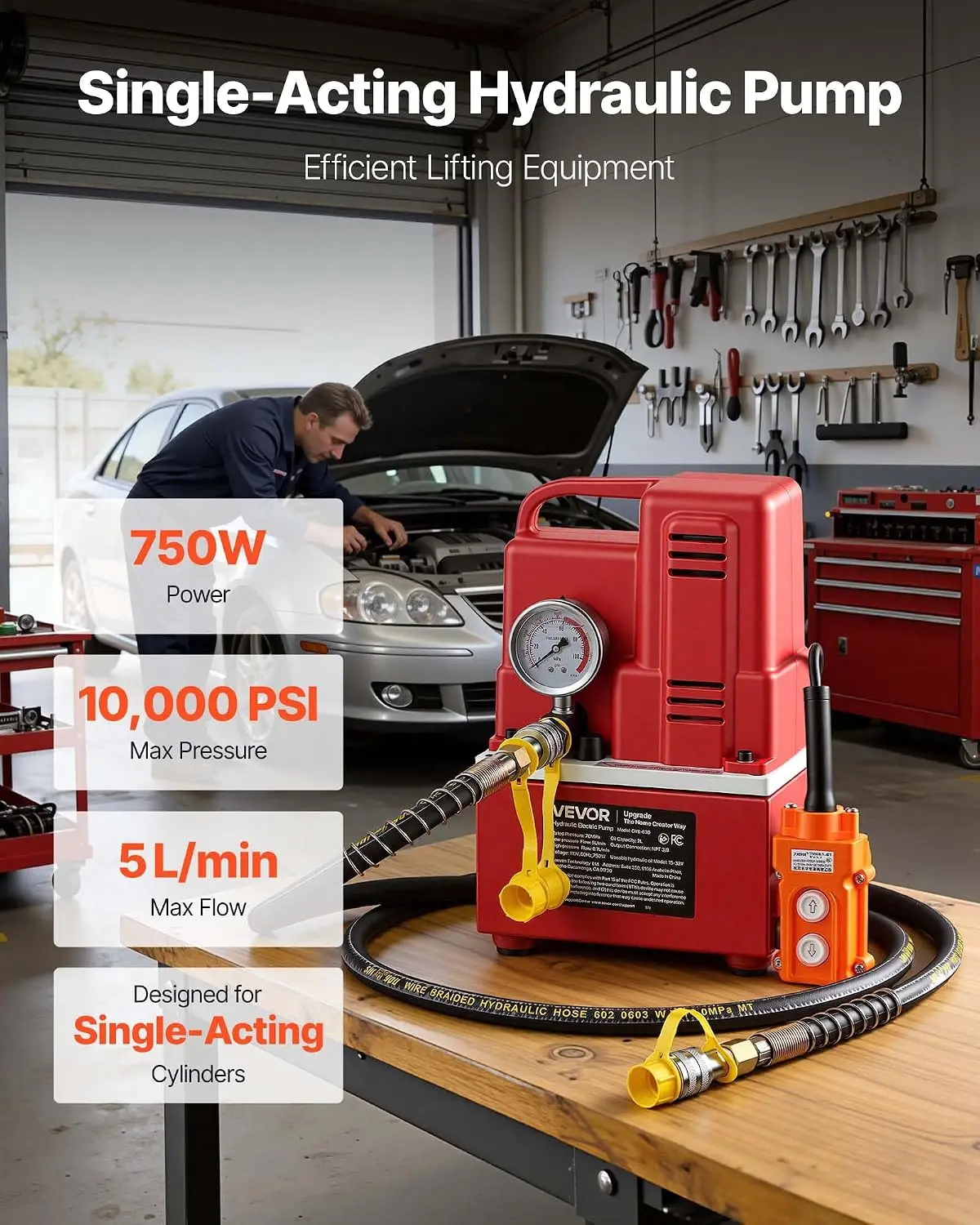 Electric Hydraulic Pump, 750W 10,000 PSI, 120V Single Acting Electric Driven Hydraulic Pump Power Pack Unit, with Solenoid Valve