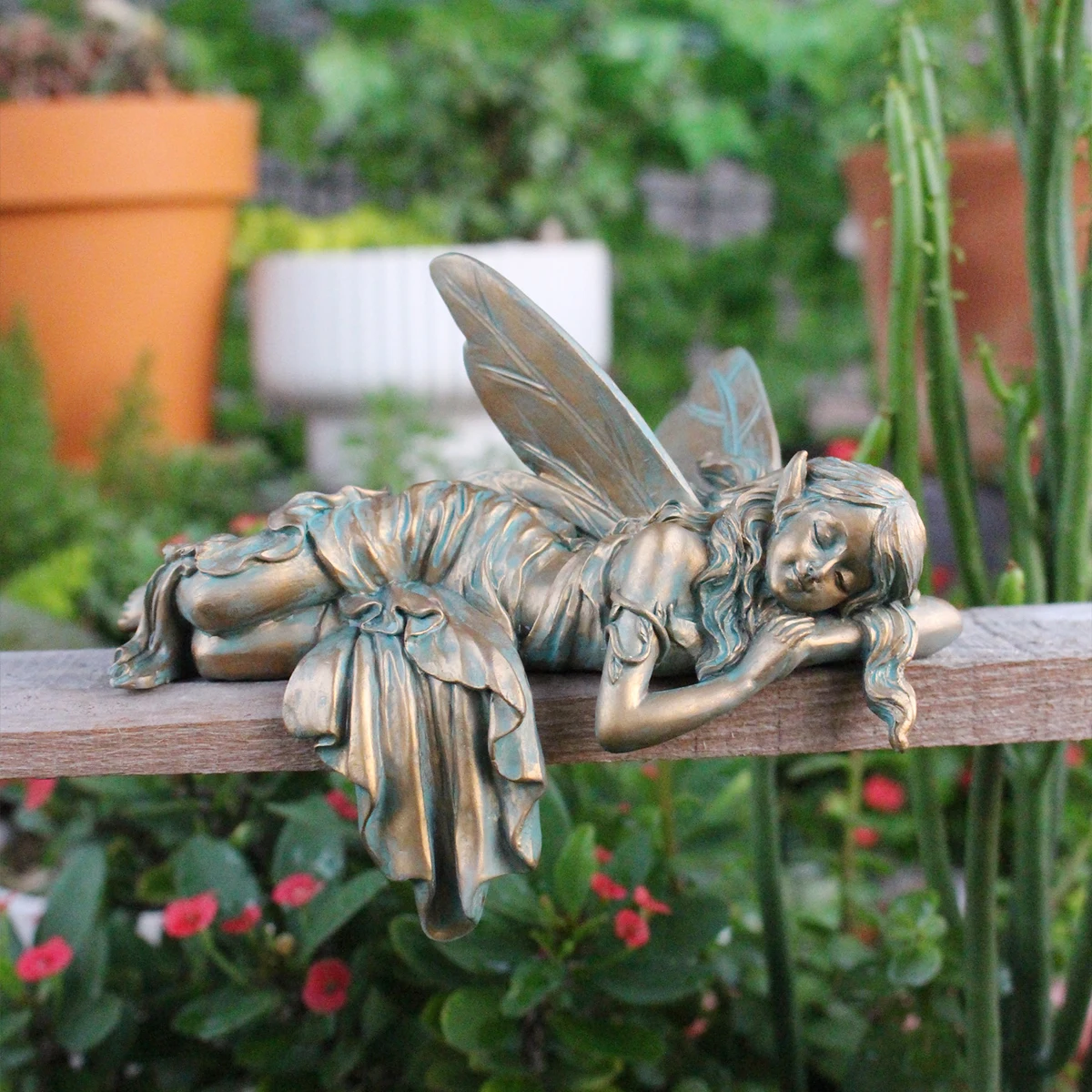 Antique Bronze Patina Sleeping Fairy Statue, Resin Lying Flower Fairy Sculpture, Vintage Angel Fairy Figurine for Outdoor Garden