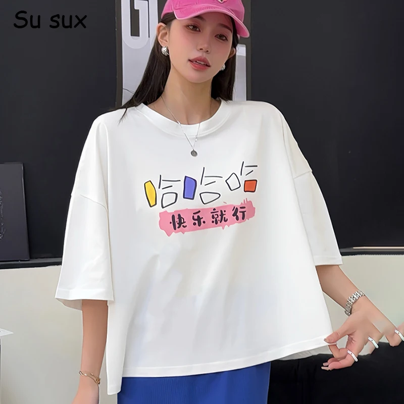 

2025 Summer Fun Chinese Character Print T-shirt Woman O Neck Short Sleele Oversized Tees Vestidos Y2k Clothes Bust 140cm