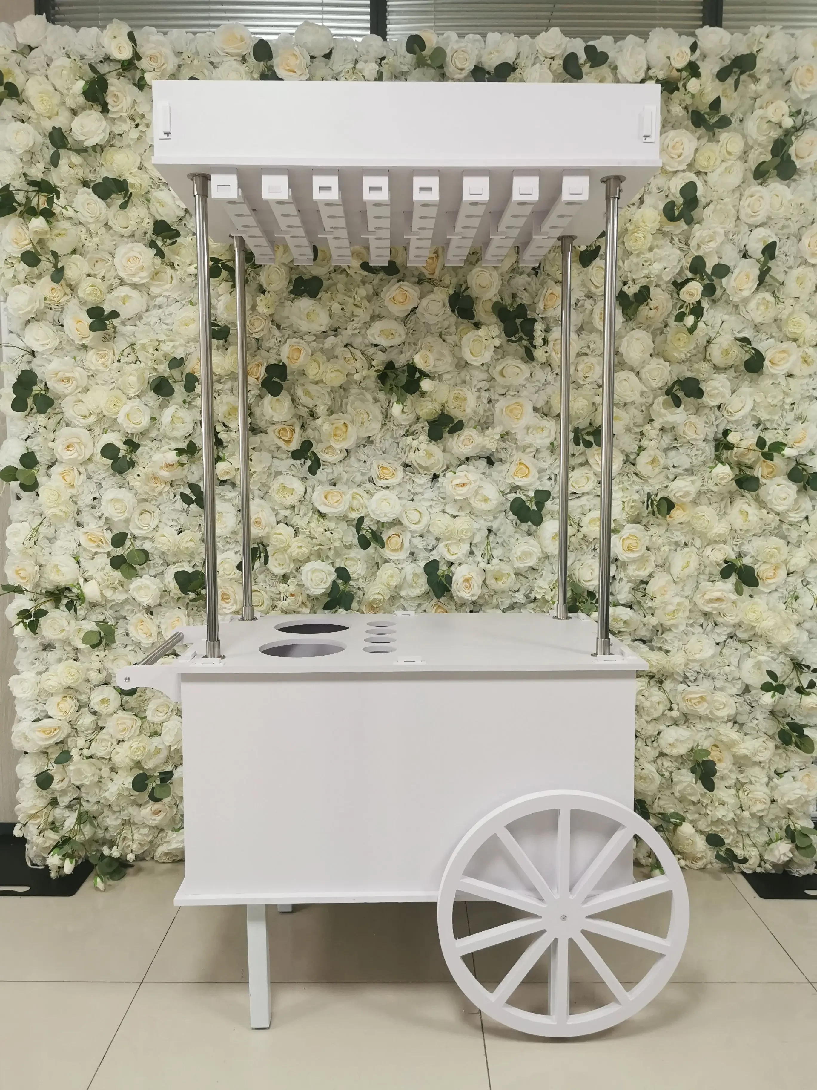 Safe Popular White PVC Wedding Party Event Supplies Champagne Cart Candy Dessert Display Bar With Wheels