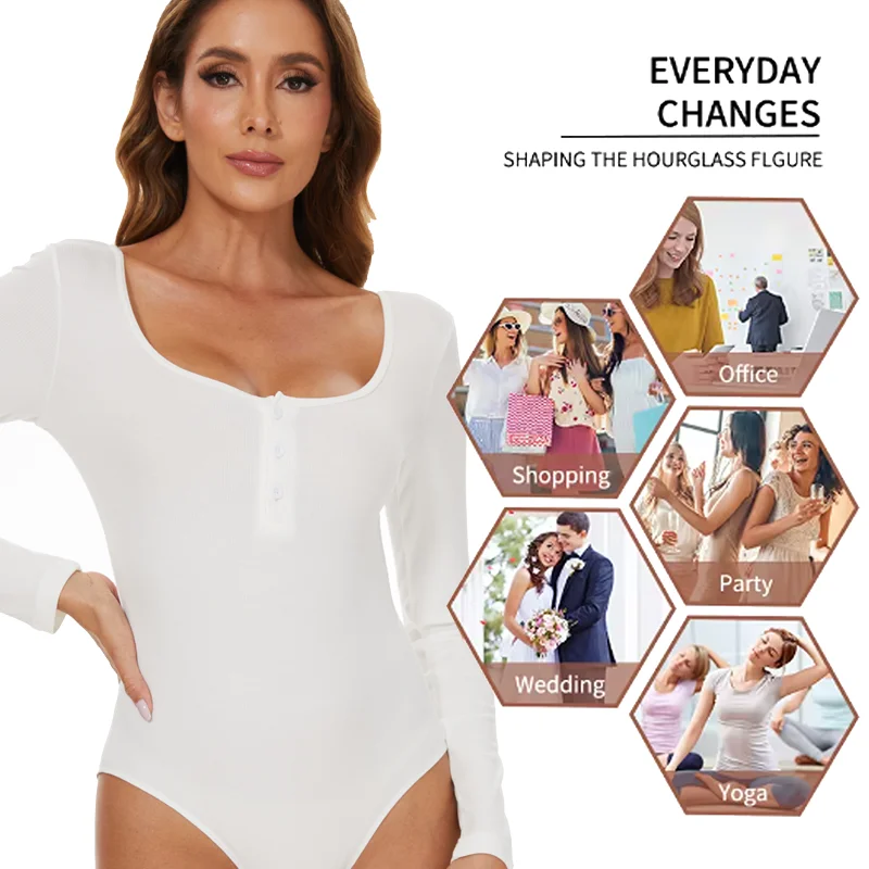 Women Round Neck Body Shaper Long Sleeve Shapewear Sexy Ribbed Bodysuit Front Button Compression Fitness Tummy Control Outfit 5 Women Round Neck Body Shaper Long Sleeve Shapewear Sexy Ribbed Bodysuit Front Button Compression Fitness Tummy Control Outfit 5