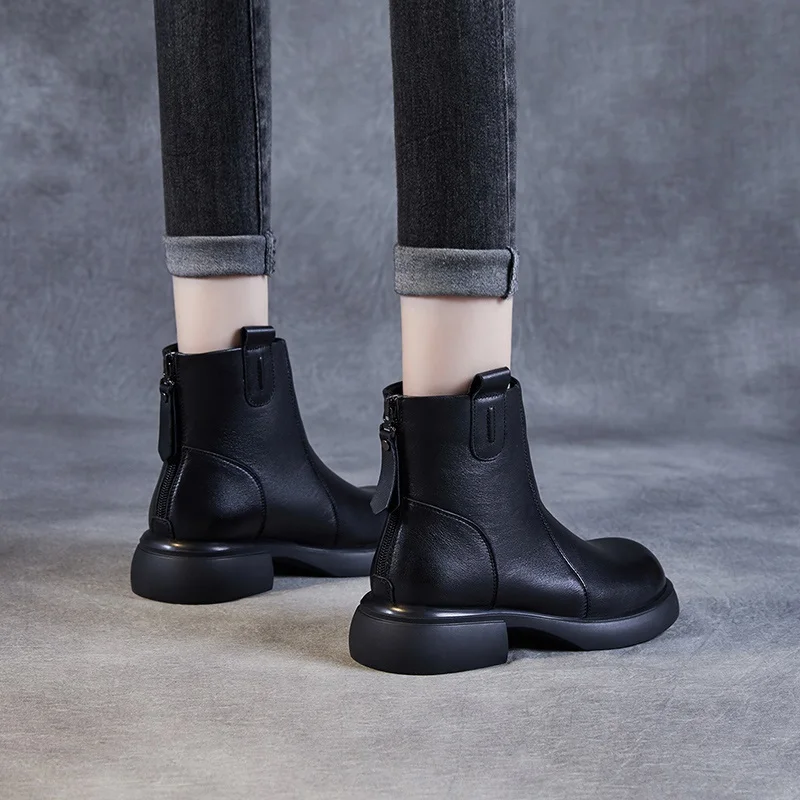 DRKANOL w brytyjskim stylu kobiety Chelsea Boots zima ciepły gruby obcas z tyłu z okrągłym noskiem trzewiki w stylu Casual z prawdziwej skóry