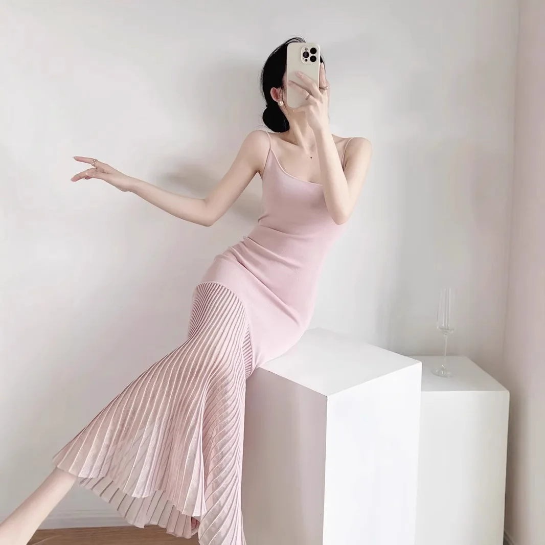 Summer French Backless Ice Silk Knit Dress Pink Camisole Long Dress Bodycon Mermaid Dresses