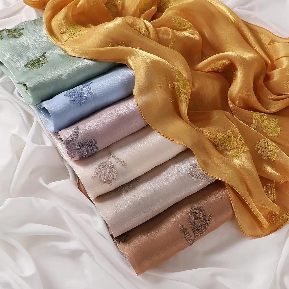 Elegant Glitter Floral Embroidery Hijab Shimmer Lightweight Islamic Head Wrap 70*175CM Crinkle Plain Scarves For Women