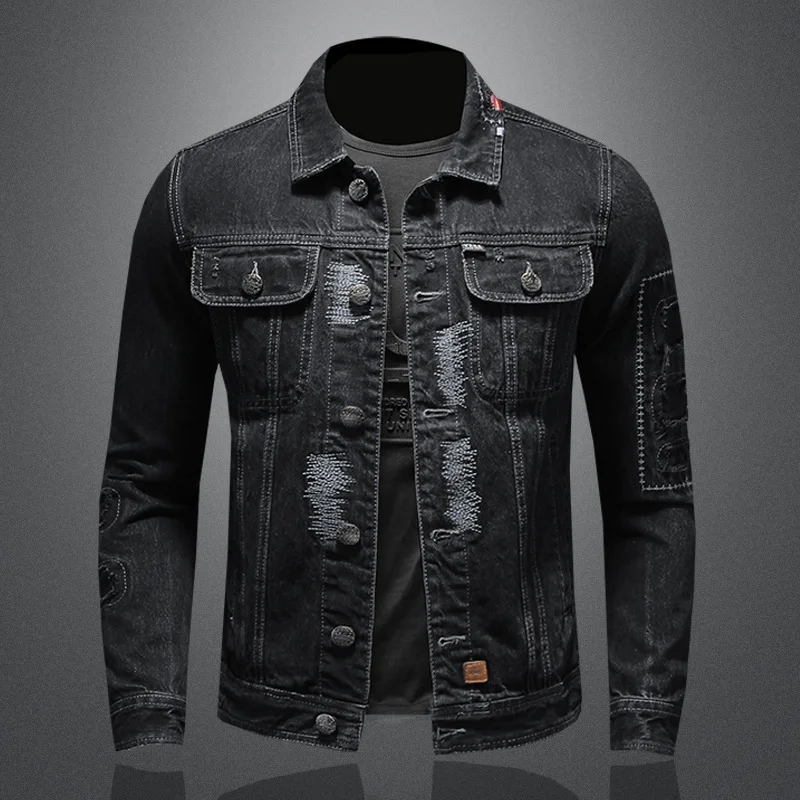 

2024 New Spring European and American Heavy Industry Piercing Patch Men's Denim Jacket Top Black Coat