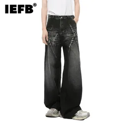 IEFB American Style Men's Denim Pants Washed Cat Whisker Three-dimensional Patchwork Straight Leg Streetwear Male Jeans 9C8202