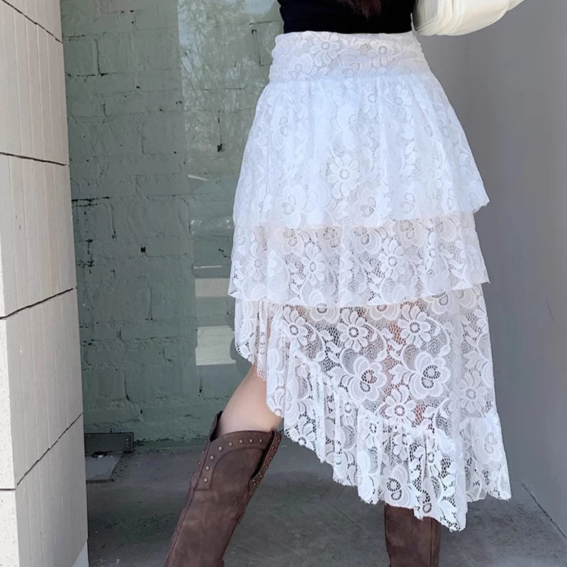 Vintage Appliques Skirt Hottie Streetwear Irregular Hem High Waist A Line Skirt Elegant White Ruffles Transparent Skirt