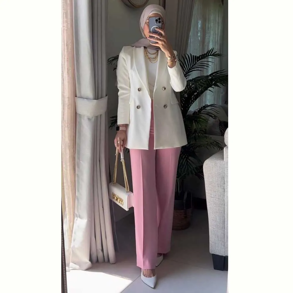 

Pretty Fashion Women's Suits Double Breasted 2 Piece White Jacket Pink Pants Female Clothing Slim Fit Elegant Office Lady's Sets