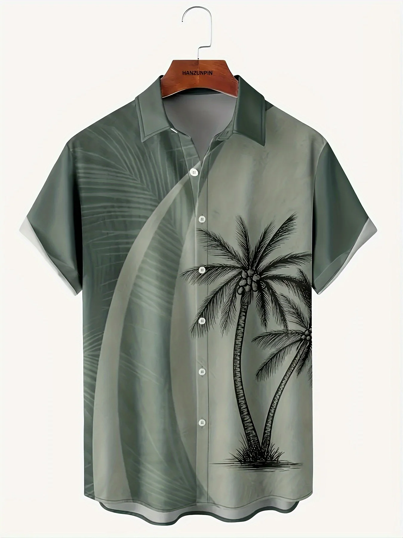 

Fashionable coconut tree pattern printed men's creative tops, casual non-elastic short-sleeved lapel shirt