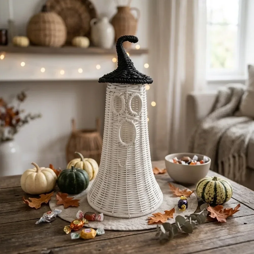 1pcs Halloween Desktop Ornament Natural Straw Rattan Witch Hat Table Decor Hand Woven Farmhouse Rustic Autumn Home Decor Craft