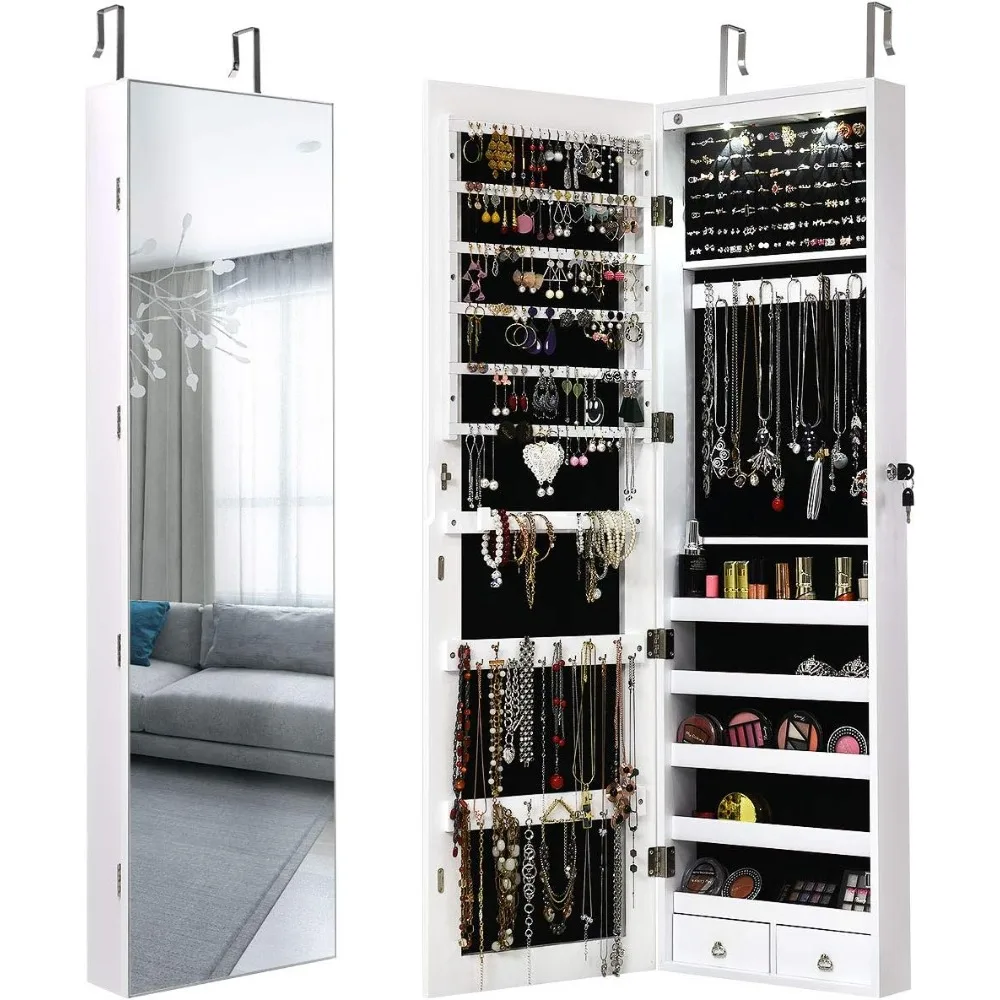 Wall Door Jewelry Armoire Cabinet with Full-Length Mirror, 2 LEDs Lockable Large Storage Jewelry Organizer with Mirror