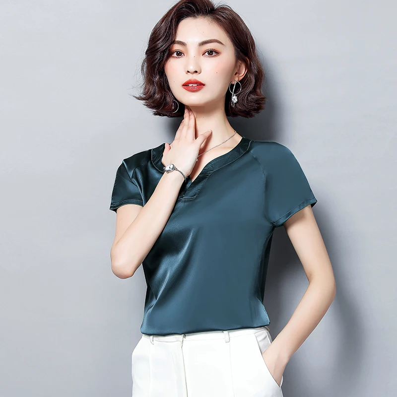 Summer Artificial Silk Shirt for Women Short Sleeve Satin Vintage Street Chiffon Elegant Blouse Fashion plus size Tops