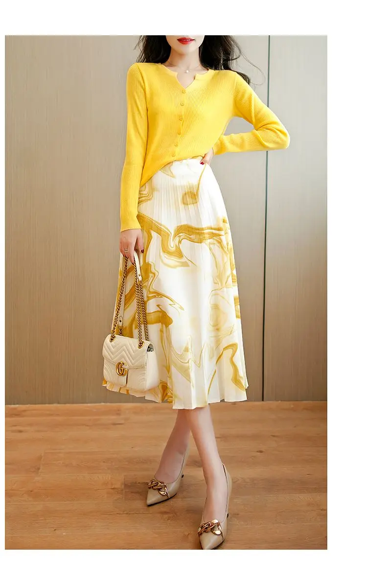 

2023 Women's Fashion Long Skirt Spring Autumn High Waist A-Line Yellow Color Skirt