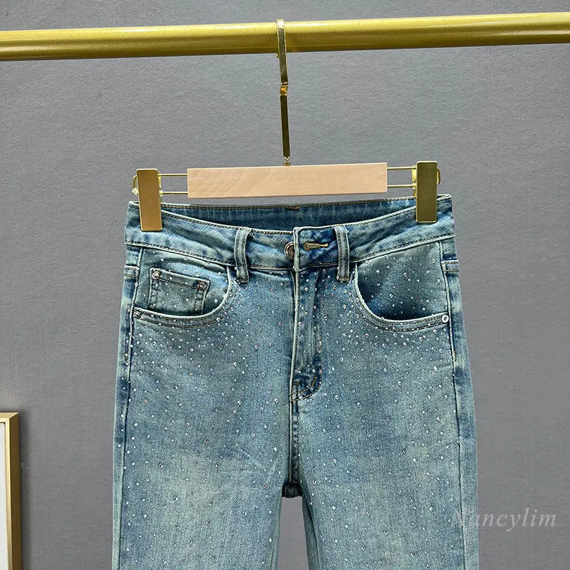 Imagem -02 - Calça Jeans Feminina de Cintura Alta Bordado Pesado Perfuração a Quente Calças Jeans Compridas Pano de Emagrecimento Novo Pano de Primavera 2023