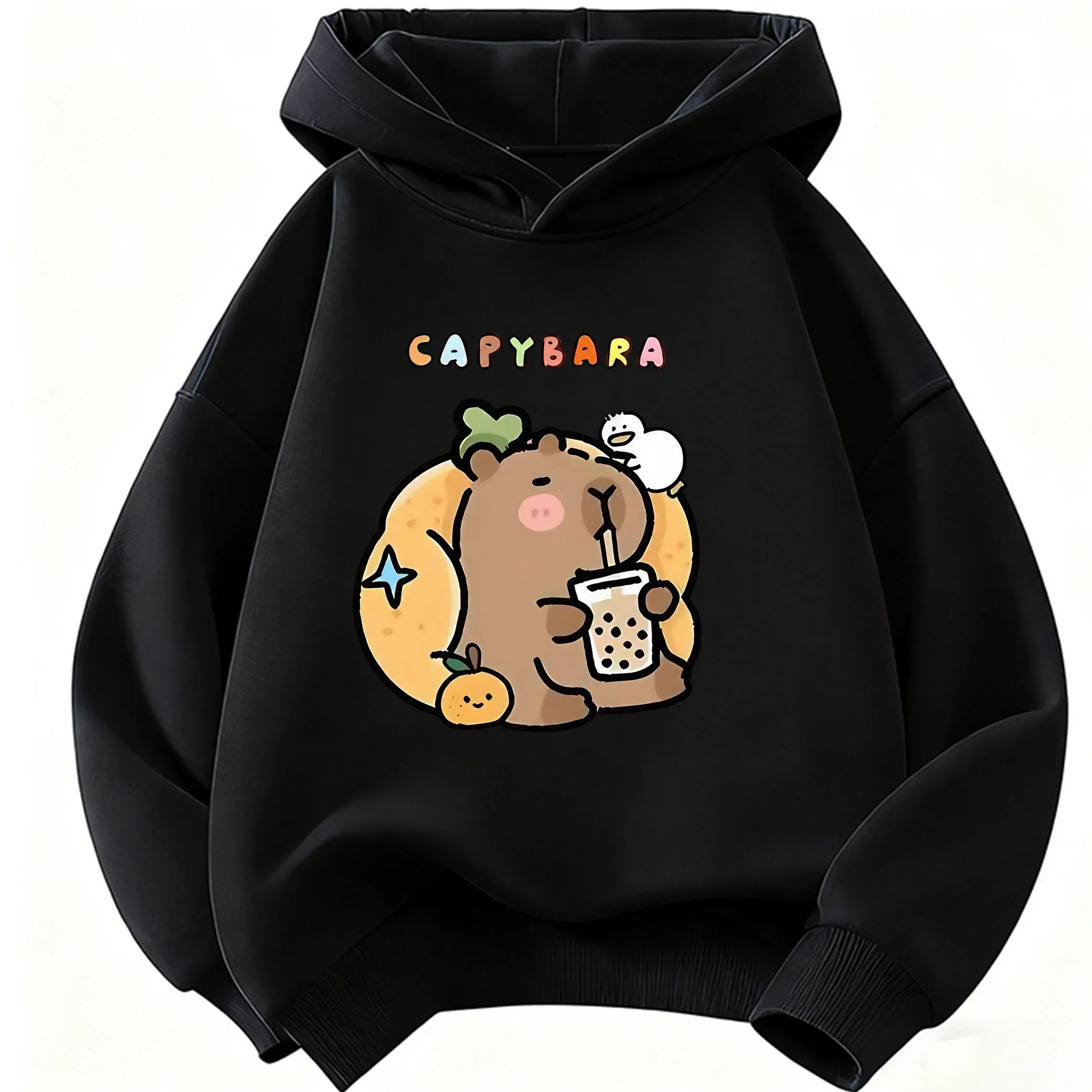 Capybara Hoodie Cute Kawaii Boba Bubble Tea Kids Cartoon Duck Orange Blue Aesthetic Oversized Casual Sport Sweatshirts