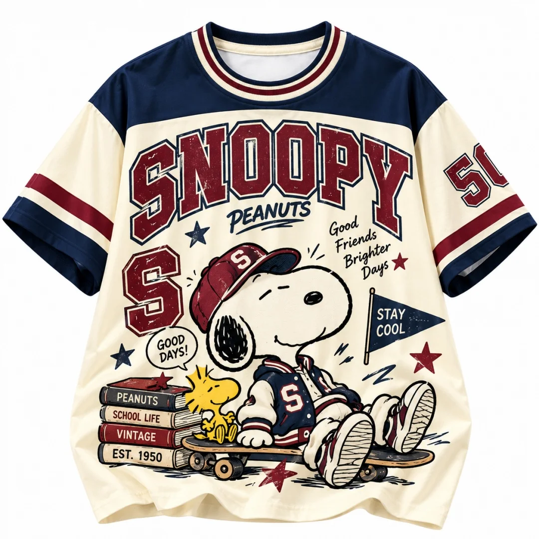 Snoopy Peanuts Vintage Varsity T-Shirt, Retro-Ärmel, Grafik, kurzärmeliges T-Shirt, Herren-, Damen- und Kinderbekleidung, Sommer, Y2k, Damen ﻿ – Detail 2