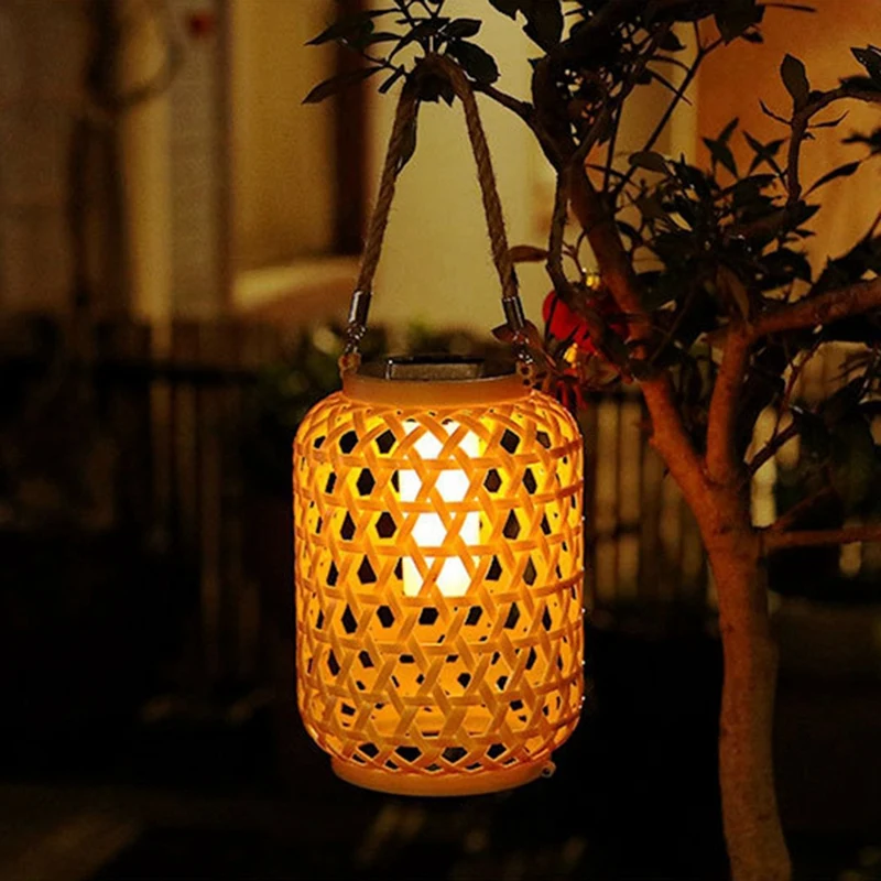 

SEWS-2Pcs Outdoor Solar Bamboo Lantern With Handle Hanging Light, Waterproof Solar Lantern, Natural Vine LED Decorative