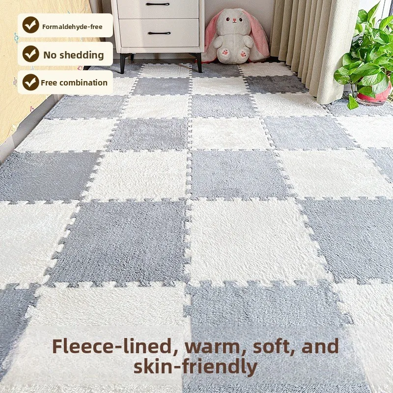1pcs Fluffy Plush Interlocking Puzzle Floor Mat EVA Foam Splicing Carpet Tiles Soft Warm Checkered Play Rug for Bedroom Kids