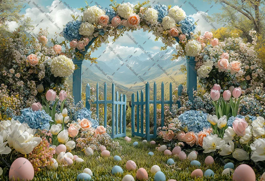 Mehofond Photography Background Spring Easter Garden Fence Arch Flowers Eggs Kids Birthday Portrait Decor Backdrop Photo Studio