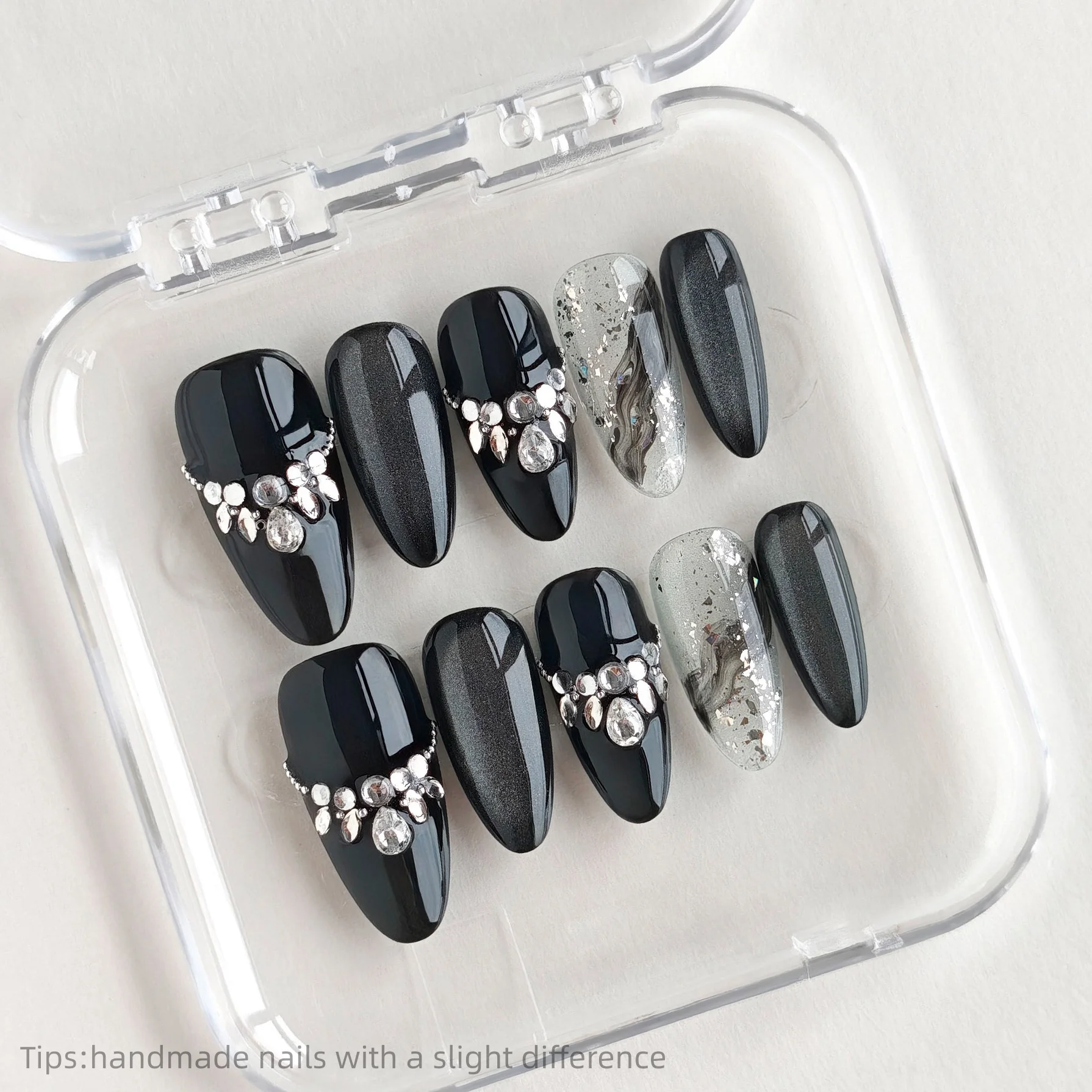 

10pcs Handmade Black Silver Cat eye Press on Nails Long oval Full Cover Wearable Reusable Shiny Luxury False Nails 2026