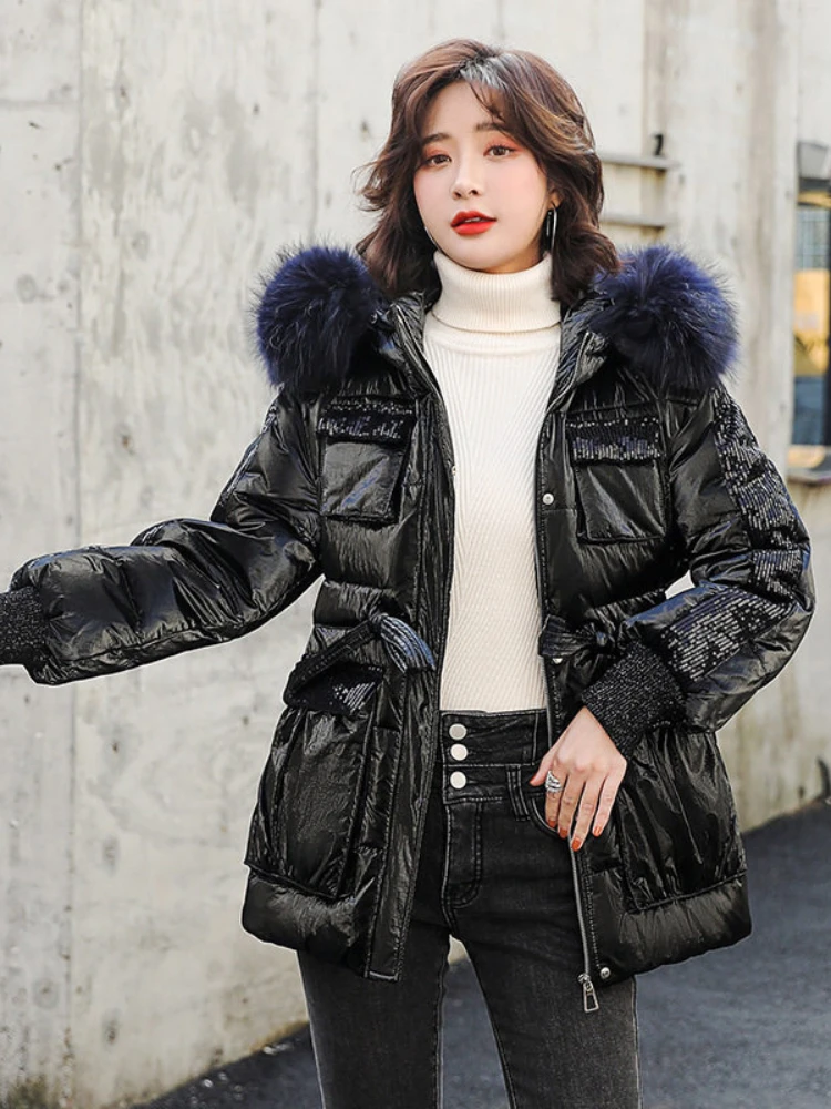 White Duck Down Padded Coat 2024 New Winter Hooded Down Padded Jacket Women Bright Face Jacket Big Fur Collar Long Parka Coat