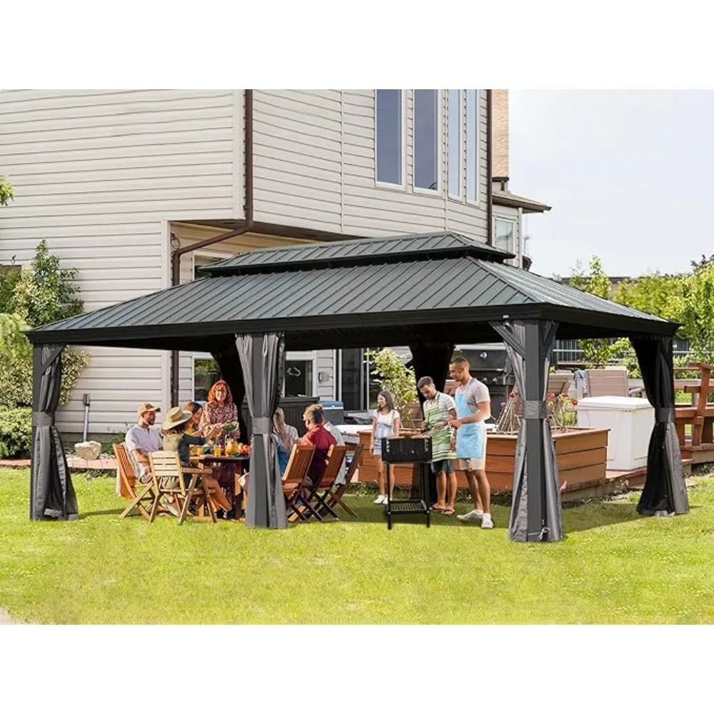 14x20FT hardtop pavilion, metal pavilion with double layered roof and aluminum frame, curtains and mesh for terrace garden