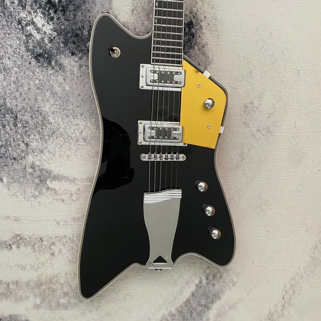 Solid Body Electric Guitar, Special Irregular Shape Guitar, Gloss Black Top & Natural Wood Back, Yellow Pickguard