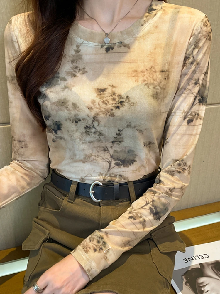 

Sexy Women T Shirt See Through Transparent Mesh Tops Long Sleeve Sheer Slim Ladies Solid Turtleneck Silk T-Shirt Lace Print Top